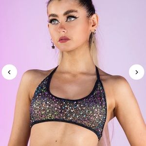 NWOT Rave Wonderland Diamond Rodeo Sequin Fishnet Cropped Tie Top